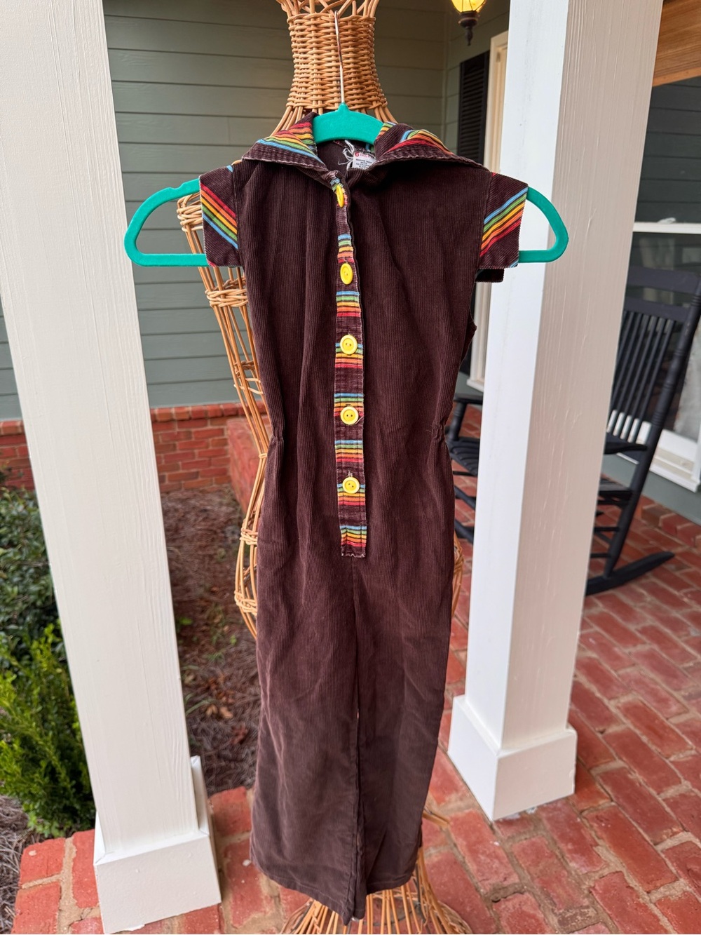 Vintage 1970s Sears Perma-Prest Kids Size 6 Corduroy Rainbow Hooded Jumpsuit